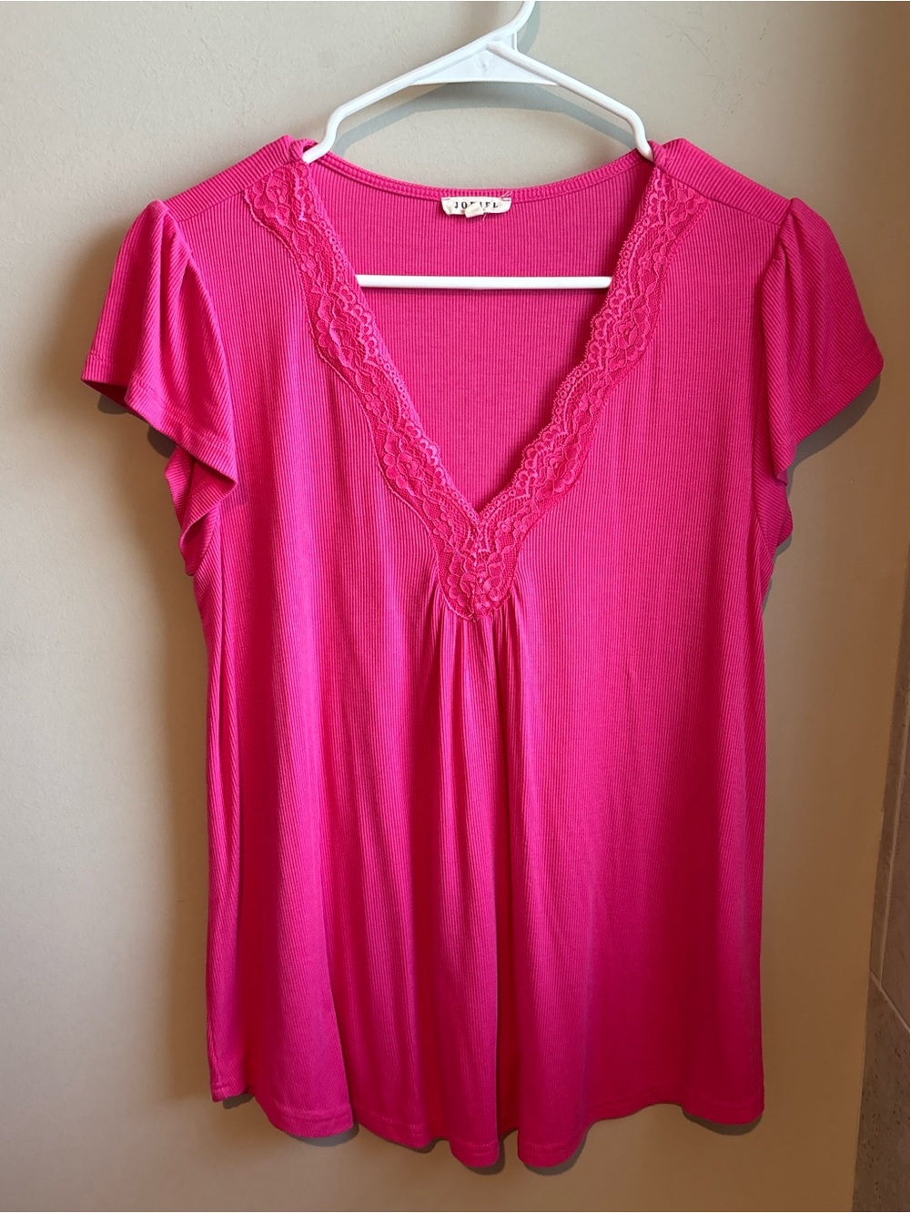 JODIFL Bright Pink Lace-Trim V-Neck Tunic Top